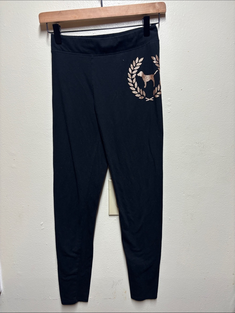 PINK Victoria’s Secret Black Gold Bling Logo Leggings | Women’s small dog